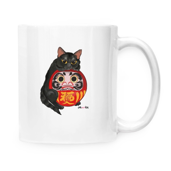 Hrnek malý bílý s potiskem Černý kocour držící Daruma doll
