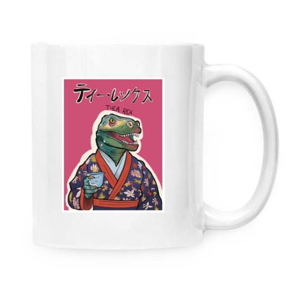 Hrnek malý bílý s potiskem T-ea Rex v kimonu pijící čaj
